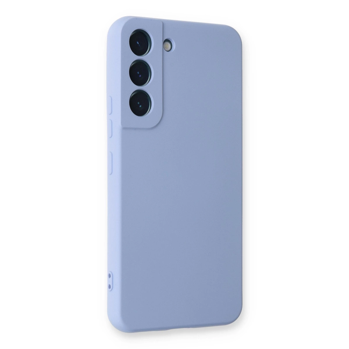 Üç kamera lensi ve flaşlı lavanta rengi telefon kılıfı.