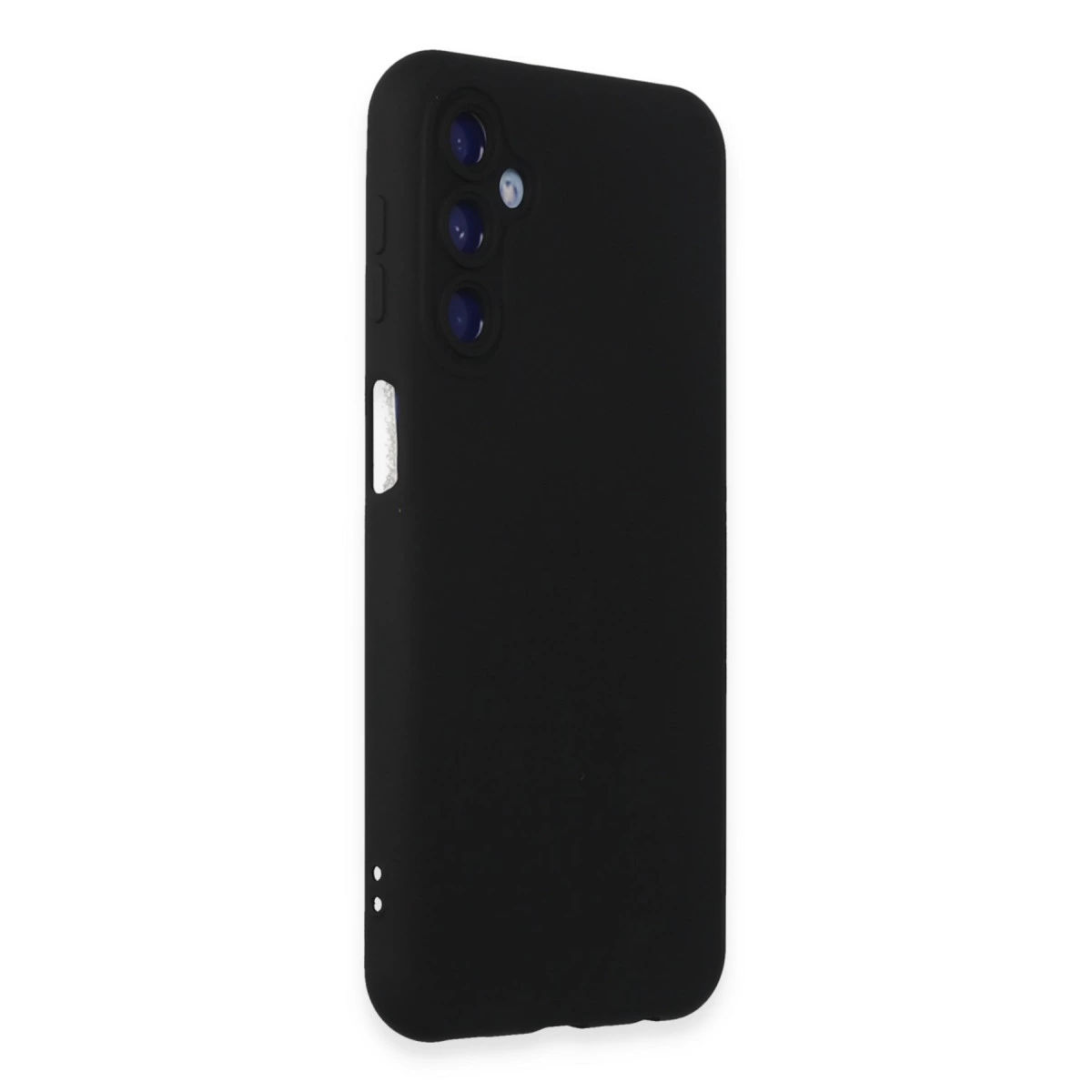 Üç kameralı ve gümüş düğmeli siyah telefon kılıfı.