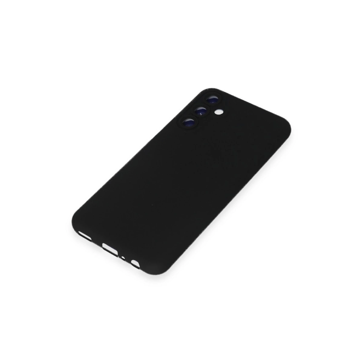 Beyaz zeminde üç kamera lensi ve flaşı olan siyah telefon kılıfı.