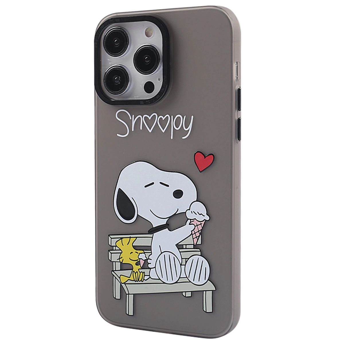 Gri telefon kılıfı, bankta dondurma yiyen Snoopy ve Woodstock.