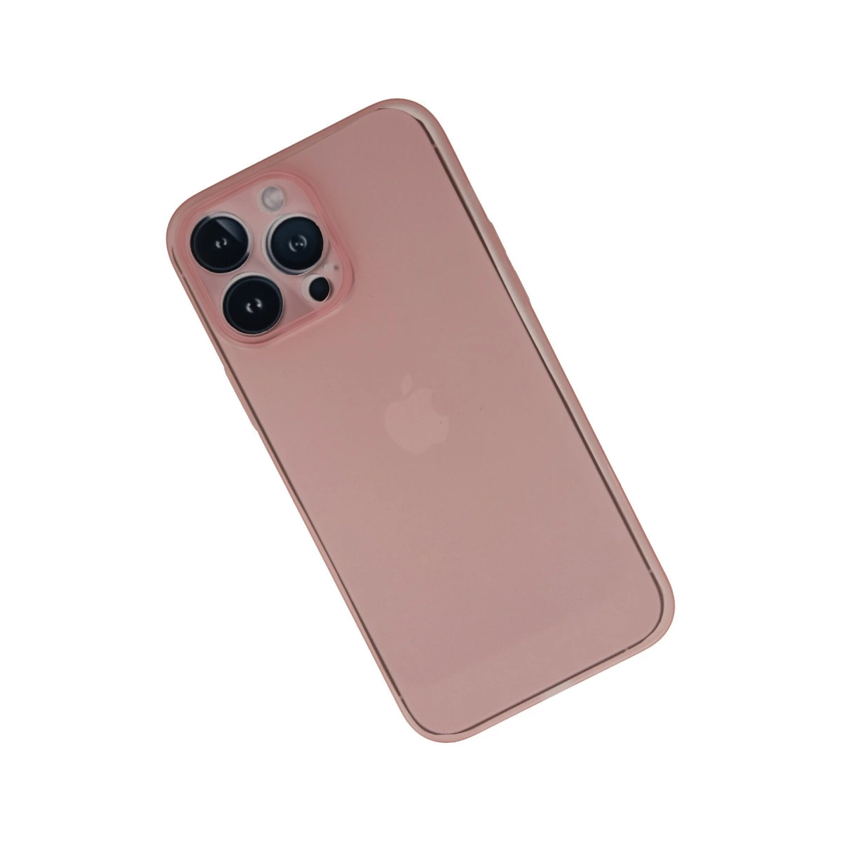 Arkada üç kamera ve Apple logosu bulunan pembe bir iPhone.