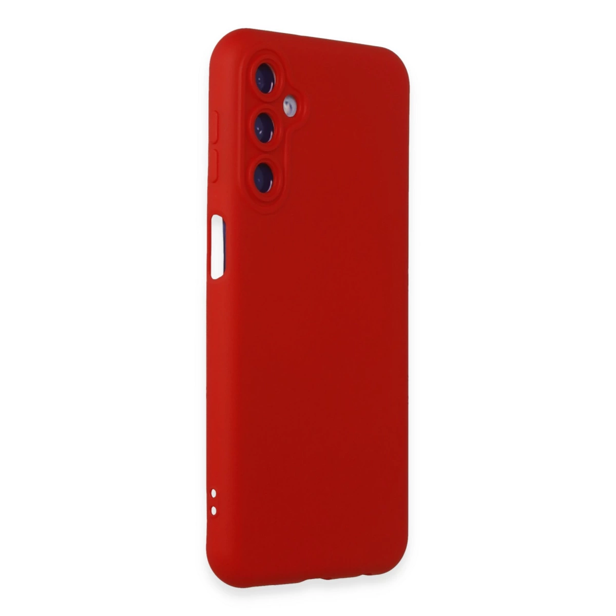 Üç kamera lensli ve kesiklere sahip kırmızı telefon kılıfı.