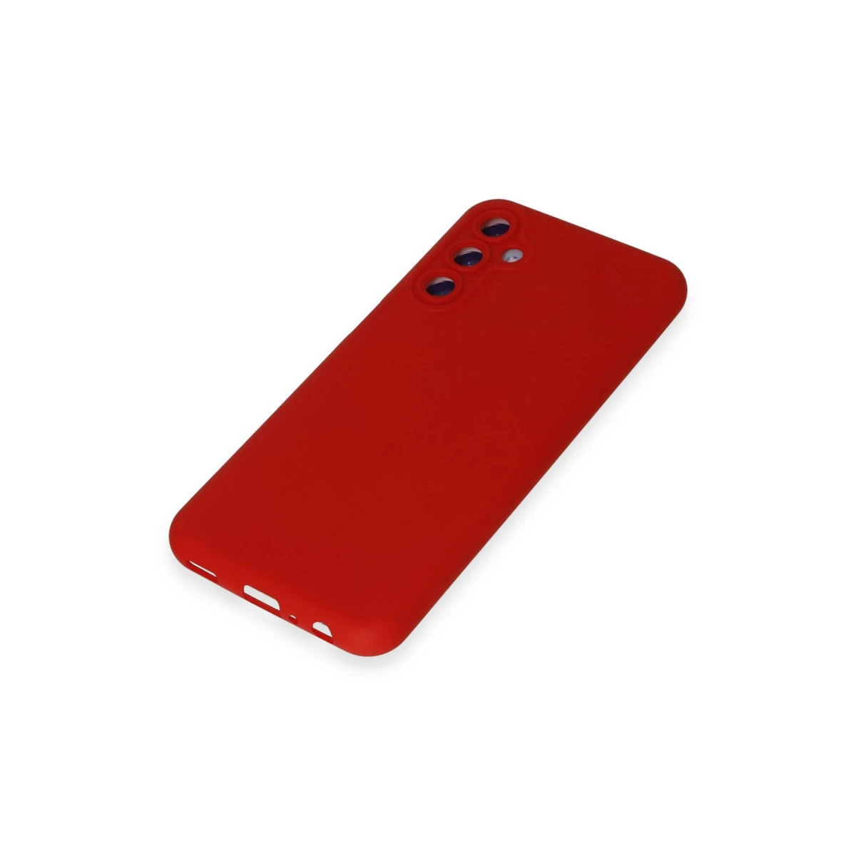Kameralar ve bağlantı noktaları için kesikleri olan kırmızı telefon kılıfı.