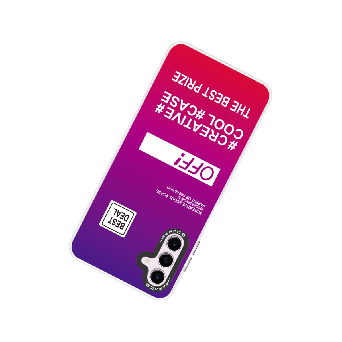 Mor-pembe telefon kılıfı üzerinde 'OFF!', 'BEST DEAL', '#CREATIVE #COOL #CASE' yazısı.