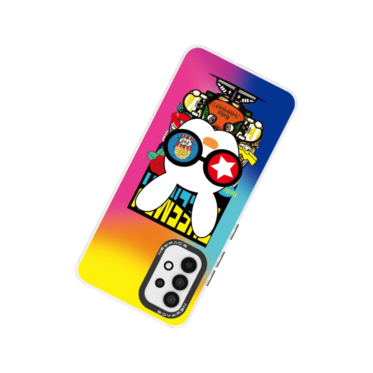 Renkli grafiklere sahip telefon kılıfında güneş gözlüklü beyaz tavşan.
