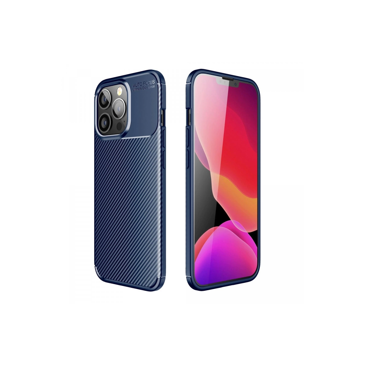 Karbon fiber desenli kılıflı lacivert telefon ve renkli duvar kağıtlı akıllı telefon.
