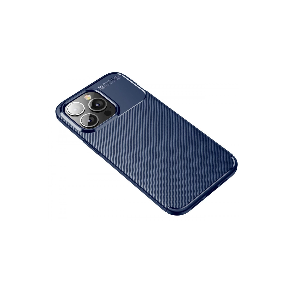 Karbon fiber dokulu lacivert telefon kılıfı ve kamera lensleri.