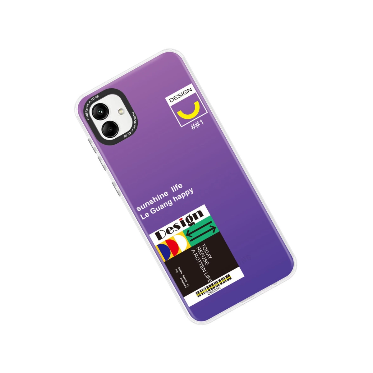 Grafik, kamera ve yazı bulunan mor telefon kılıfı.