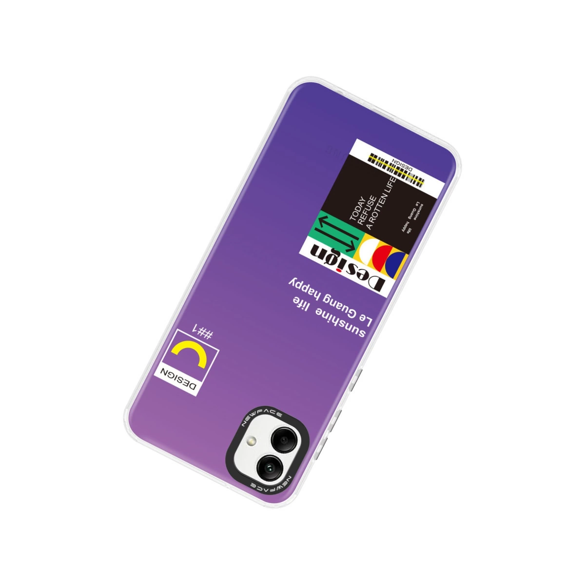 Yazı ve grafik tasarımlı mor telefon kılıfı.