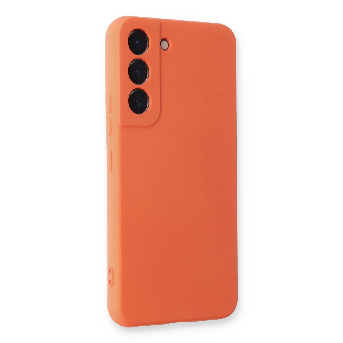 Arkada üç kamera lensli parlak turuncu telefon kılıfı.