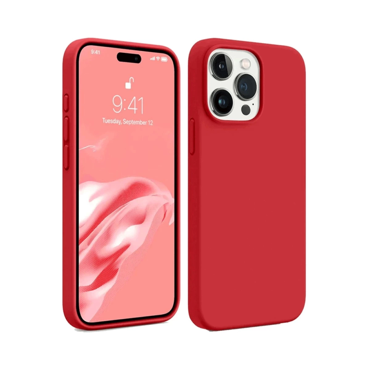 Kırmızı bir iPhone kılıfında ve yanında beyaz arka planda kırmızı bir kılıf.