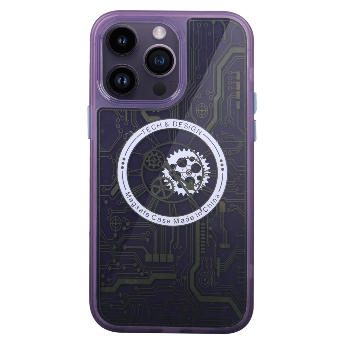Devre kartı desenli ve dişli tasarımlı mor telefon kılıfı. Teknoloji ve Tasarım.