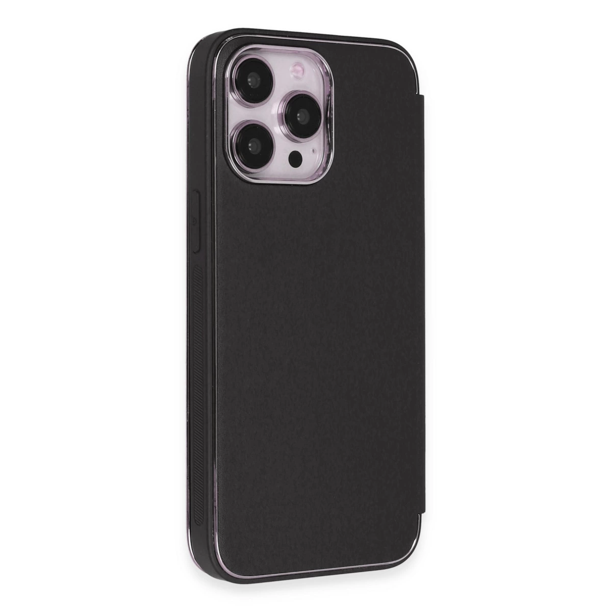 Üç kamera lensli ve gümüş çerçeveli siyah telefon kılıfı.
