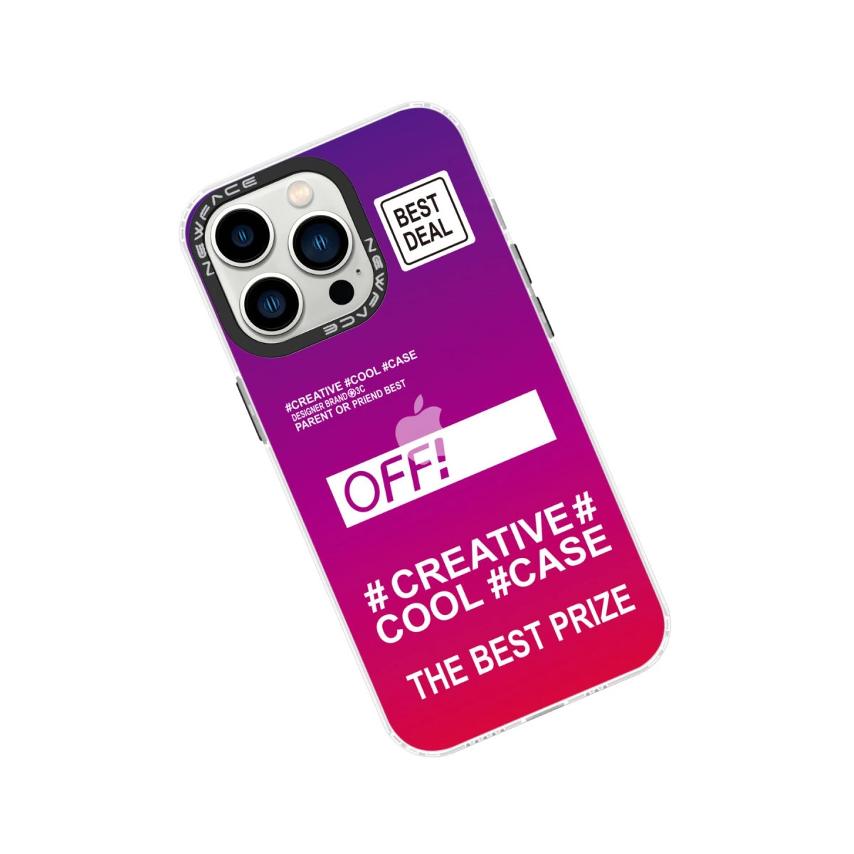 Mor ve pembe gradyan telefon kılıfı, 'BEST DEAL' ve 'OFF!' yazılı.