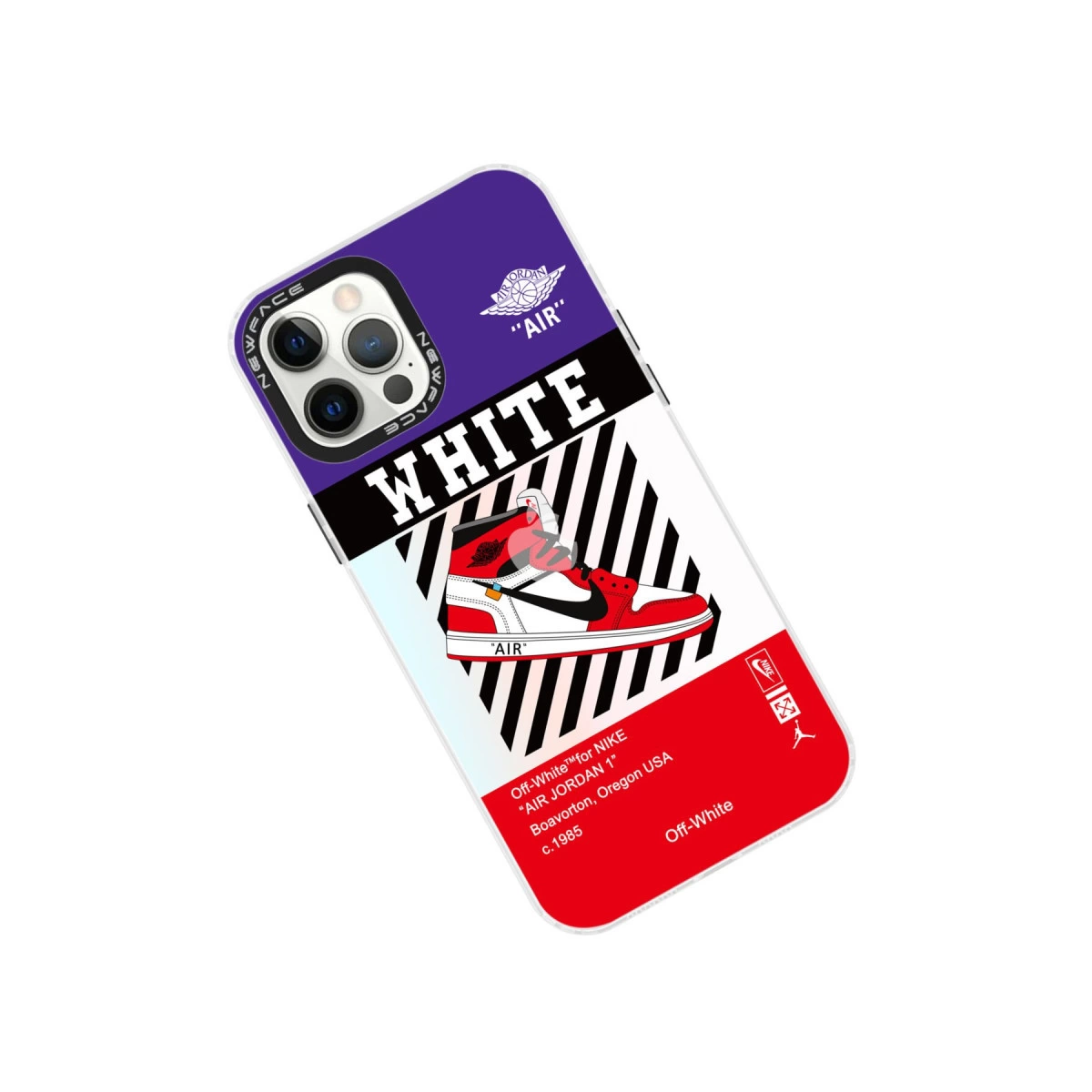 Off-White Air Jordan 1 tasarımlı telefon kılıfı, mor, beyaz, siyah ve kırmızı.