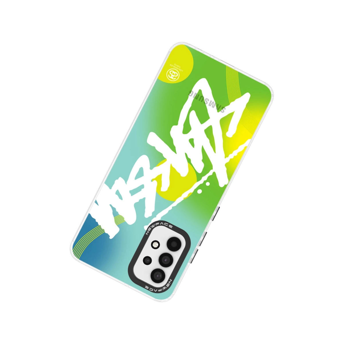 Mavi ve yeşil gradyanlı, beyaz grafiti tasarımlı Samsung telefon.
