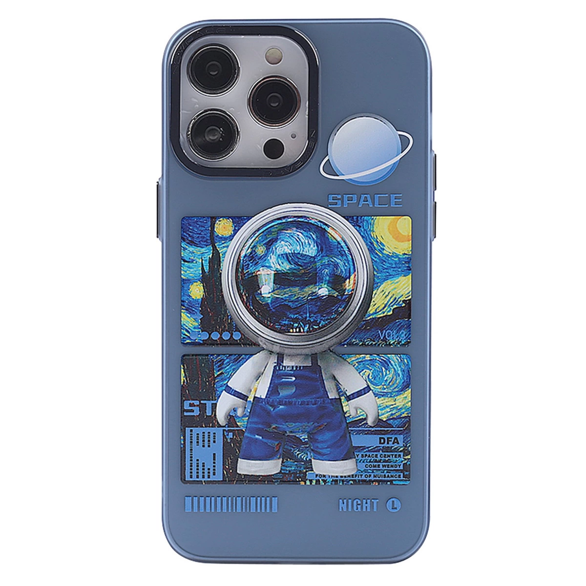 Astronot tasarımlı ve yıldızlı gece resimli mavi telefon kılıfı.