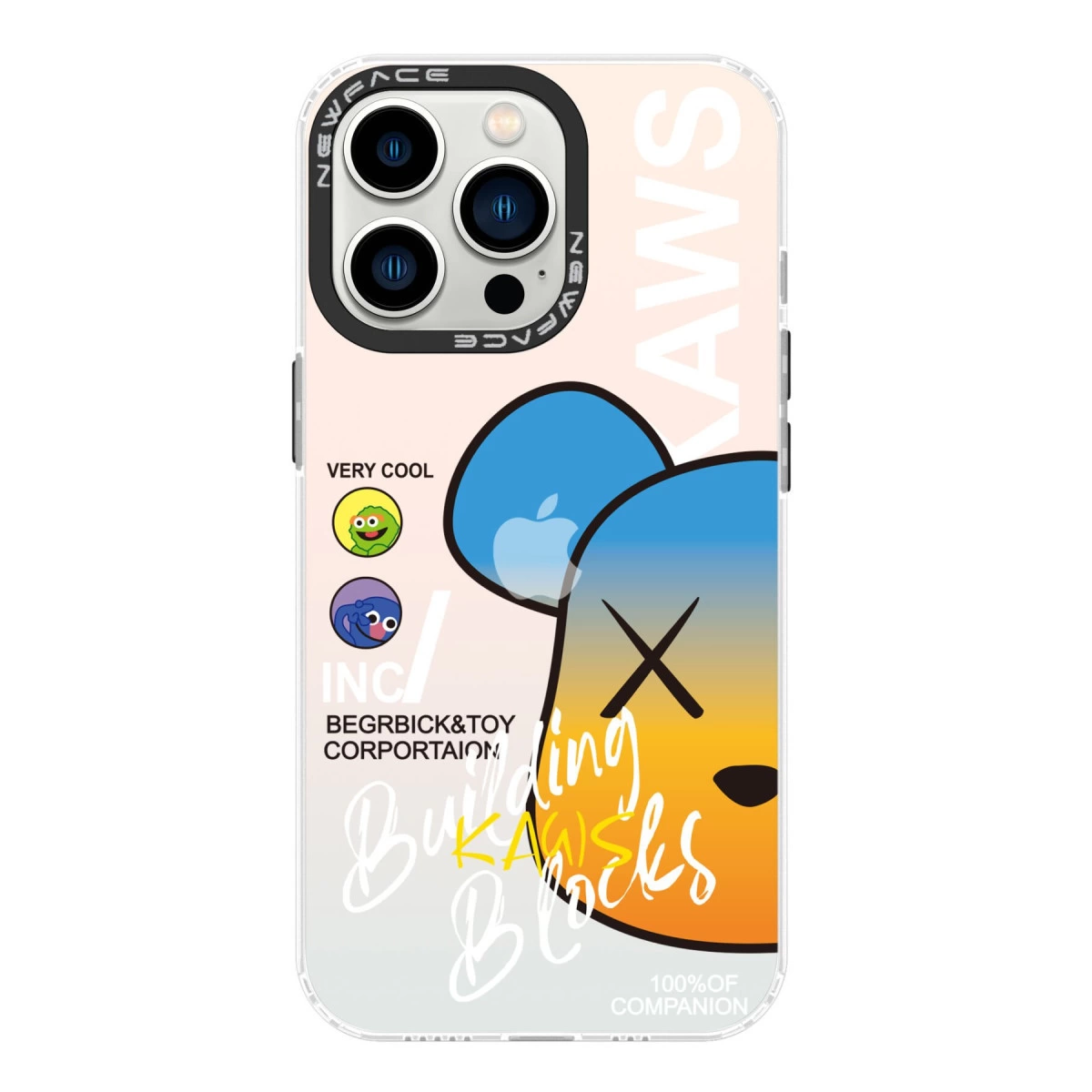 KAWS sanatı olan iPhone kılıfı: çizgi film yüzü, Apple logosu, 'Çok Havalı', 'Yapı Blokları' yazısı.