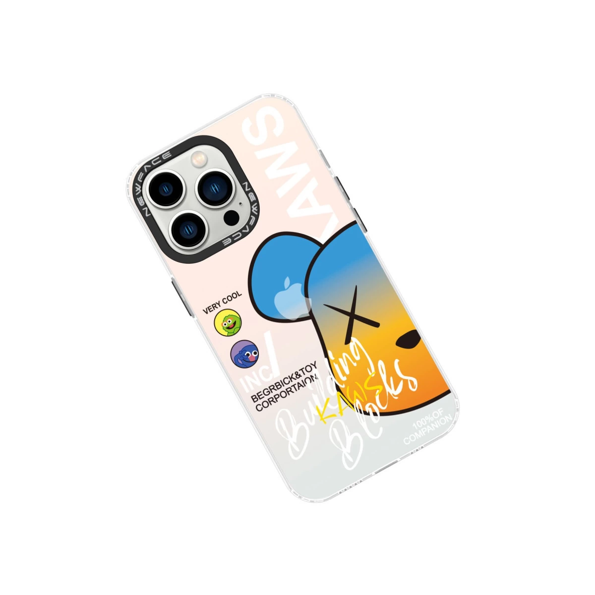 KAWS tasarımlı iPhone kılıfı, mavi kulaklı ve sarı gökyüzü geçişli.