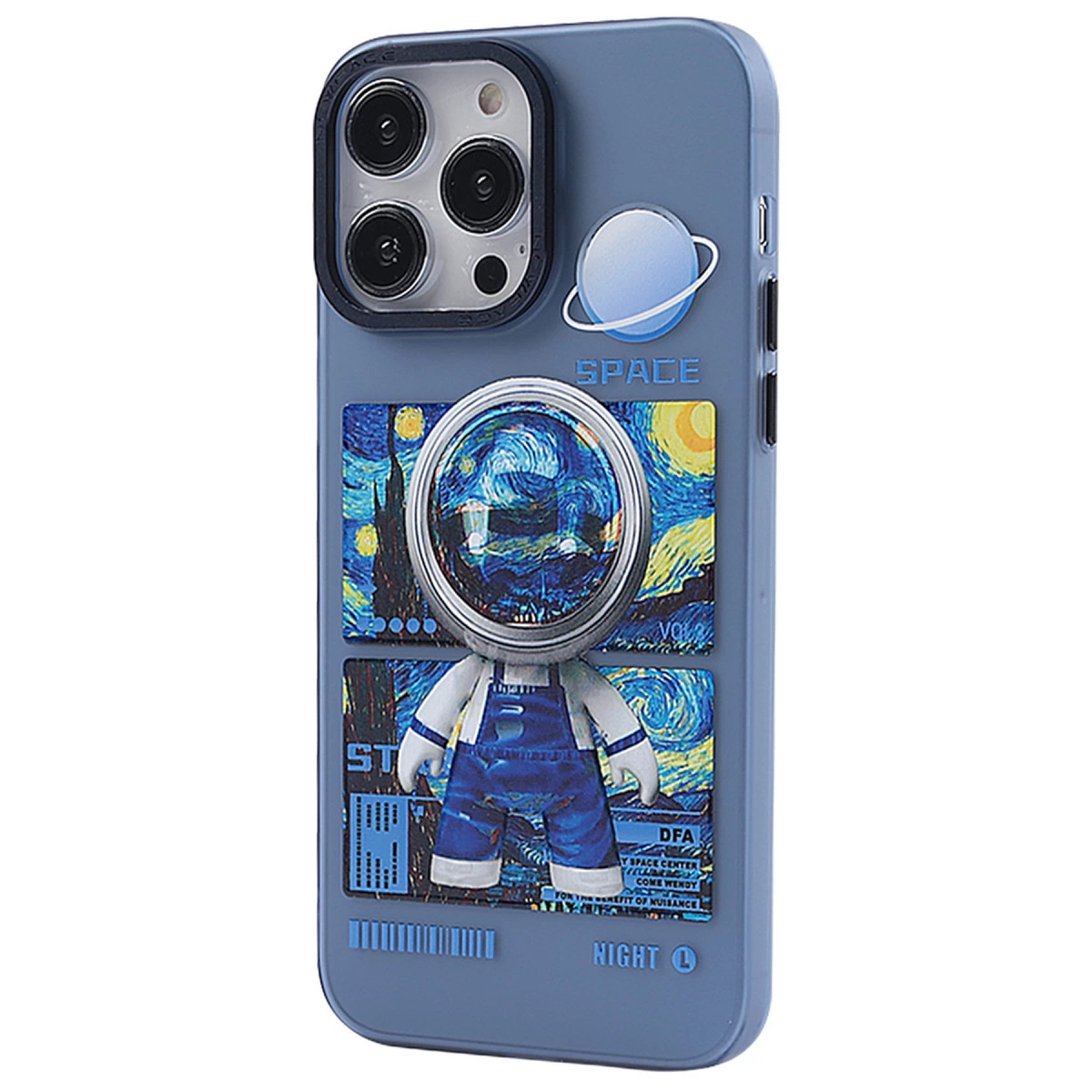 Yıldızlı Gece sanatı önünde bir astronotun yer aldığı mavi telefon kılıfı.