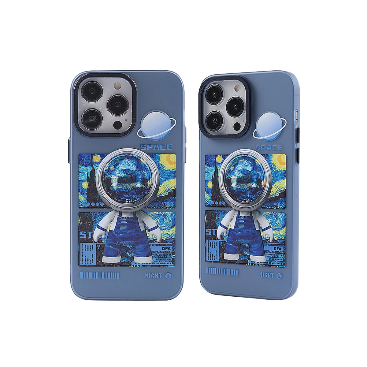 Astronot ve Van Gogh tarzı tasarımlı iki telefon kılıfı.