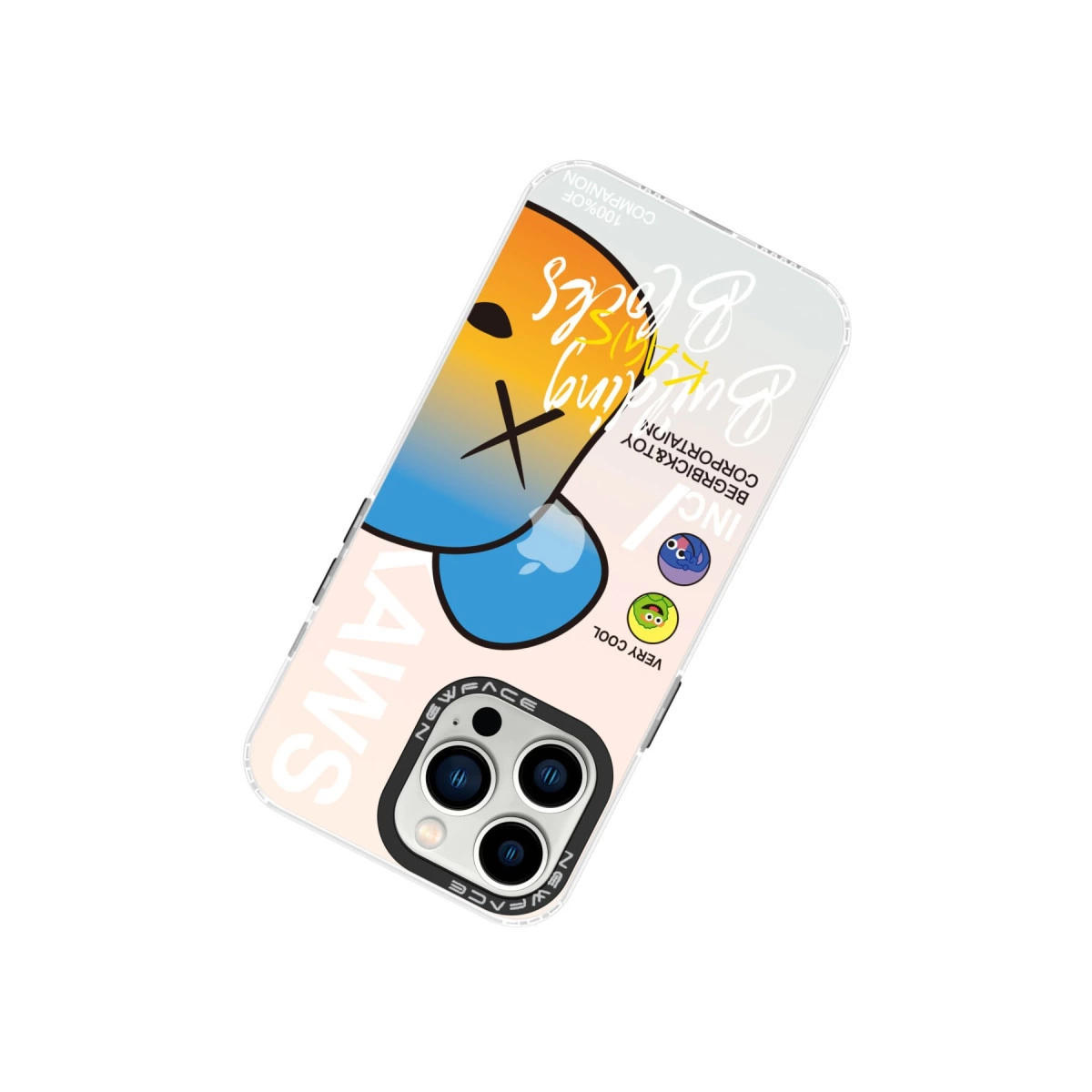 Turuncu, mavi ve beyaz KAWS ve Bearbrick baskılı şeffaf telefon kılıfı.