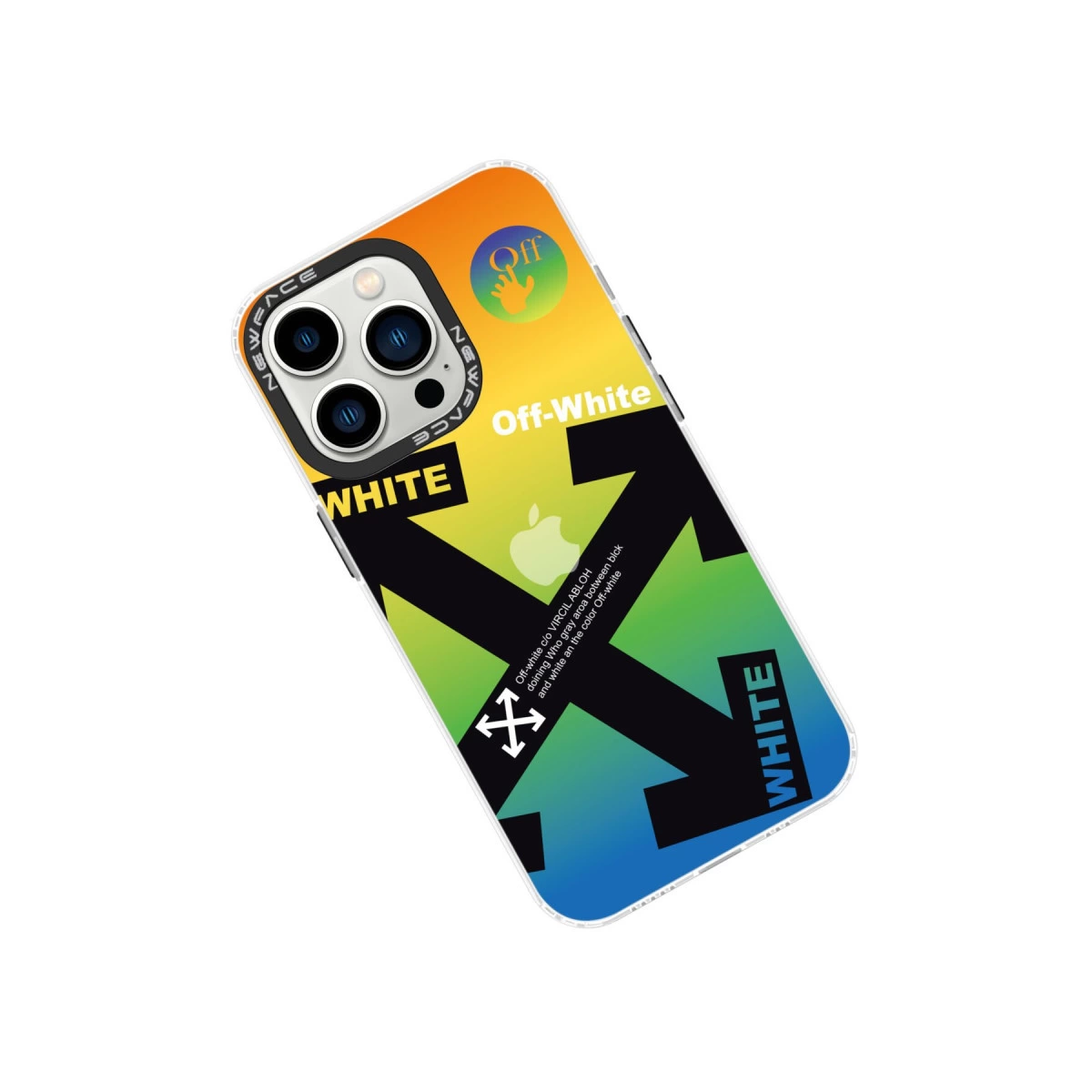 Gökkuşağı degrade üzerinde "Off-White" logolu ve okli iPhone kılıfı.