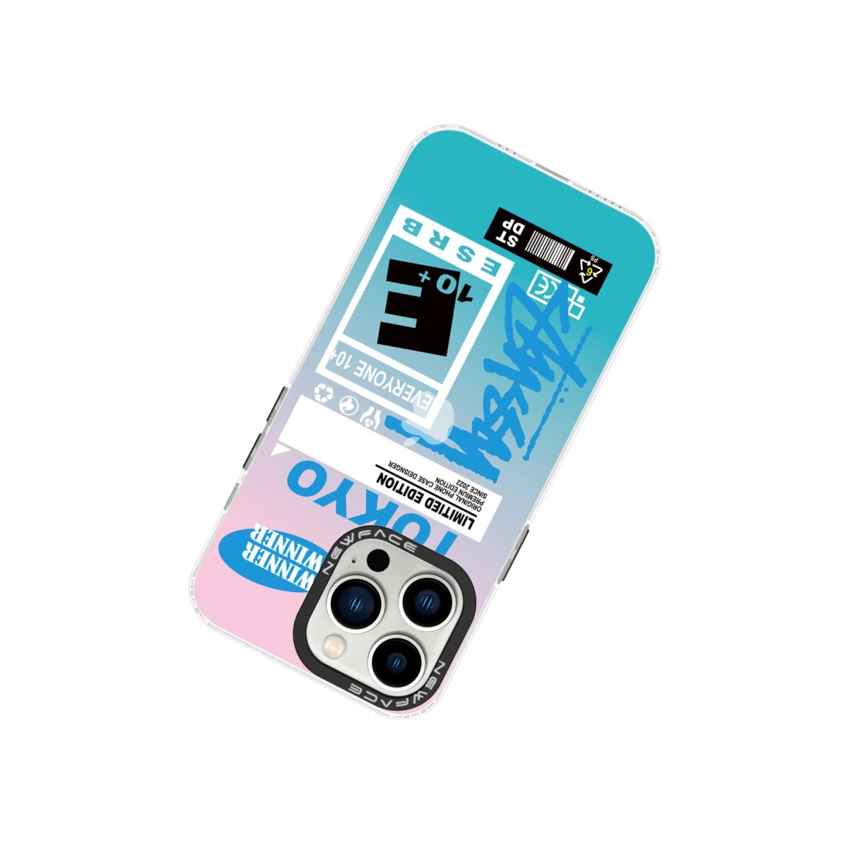 Tokyo" ve ESRB logolu iPhone kılıfı, mavi-pembe gradyan.