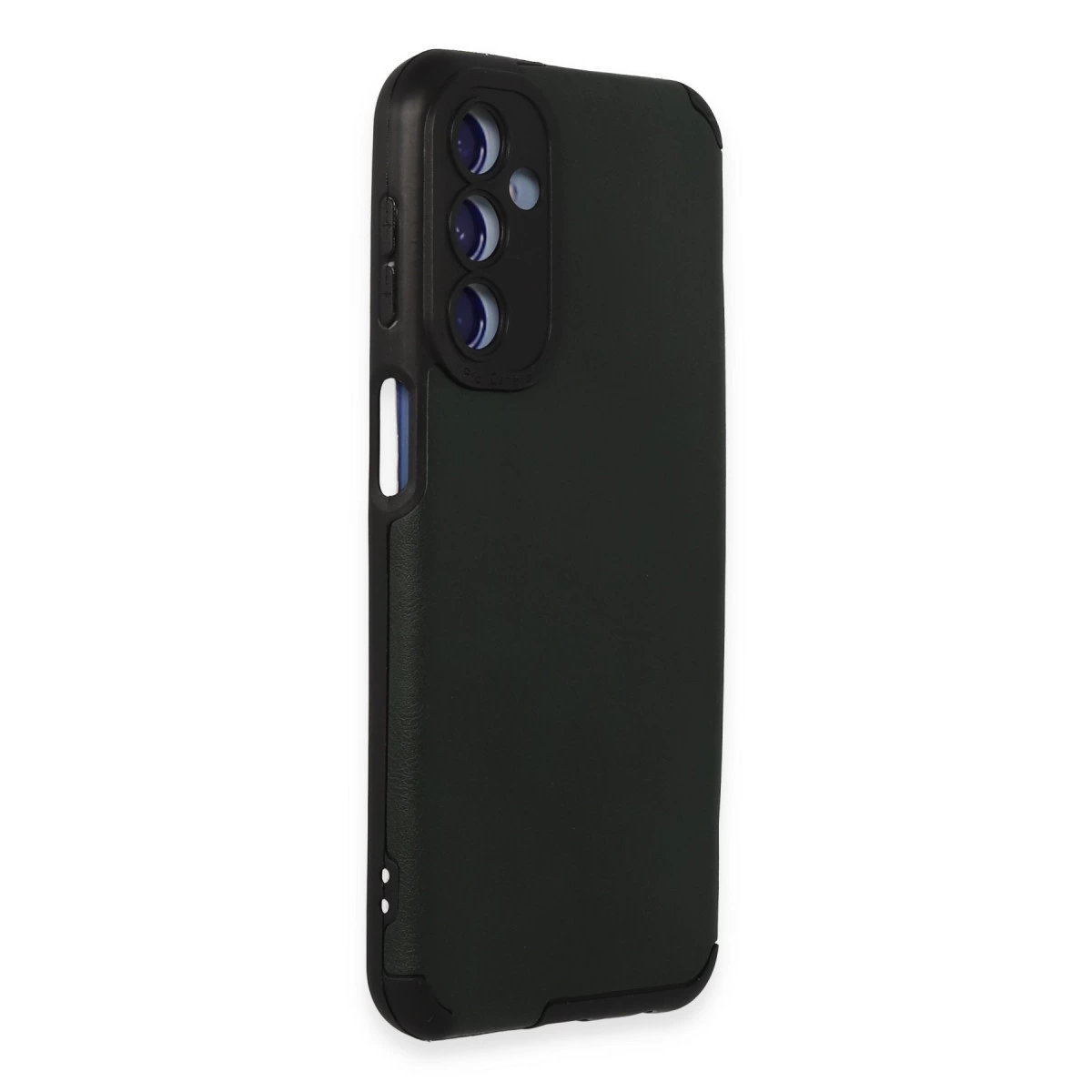 Üç kamera lensli ve yan düğmeli koyu yeşil telefon kılıfı.