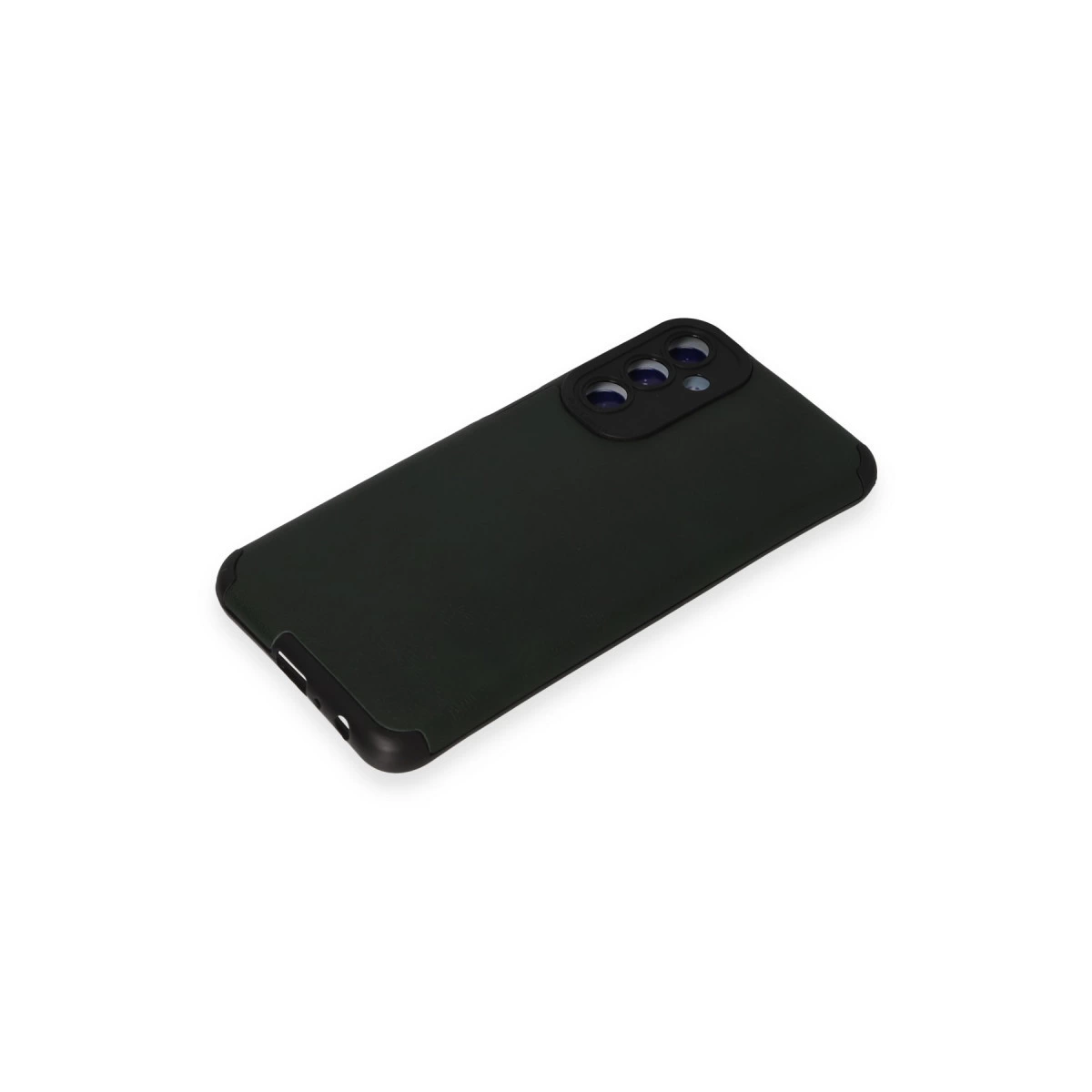 Üçlü kamera kesimli koyu yeşil telefon kılıfı, beyaz arka plan üzerinde.