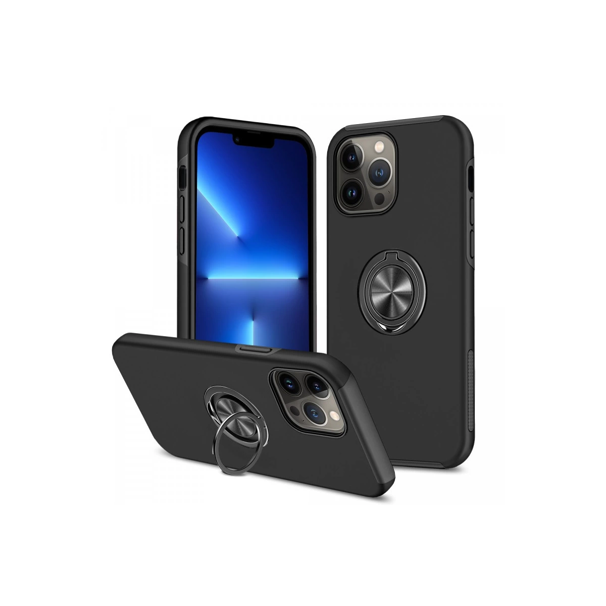 Beyaz zeminde halka tutuculu üç siyah telefon kılıfı.