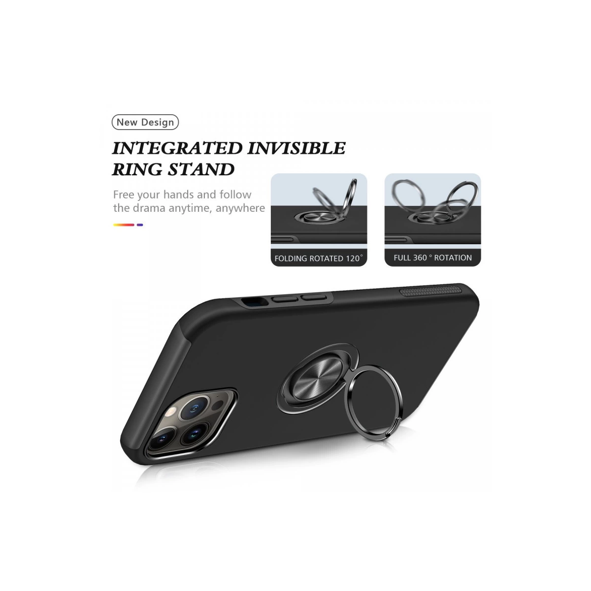Entegre edilmiş gümüş halka stantlı siyah telefon kılıfı, katlanmış ve döndürülmüş.