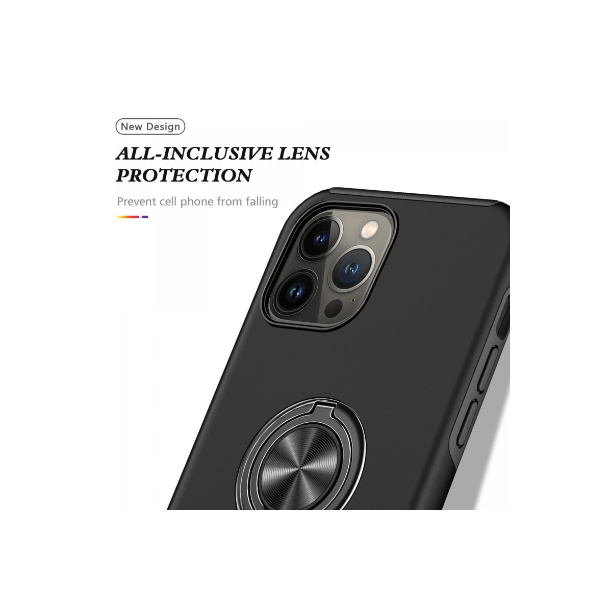 Halka standlı ve lens korumalı siyah telefon kılıfı.
