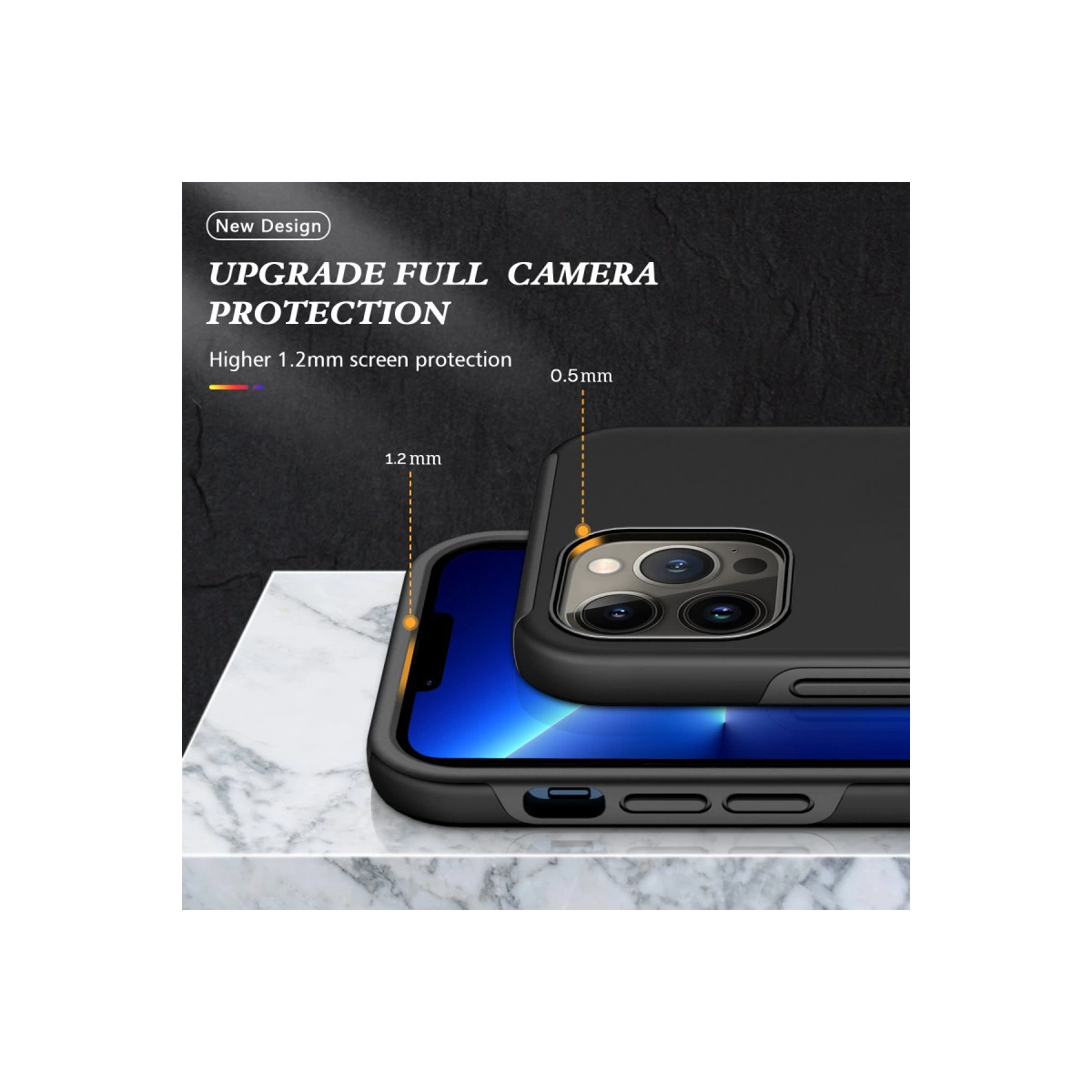Kamera ve ekran korumalı siyah telefon kılıfı, 1,2 mm kalınlığında.