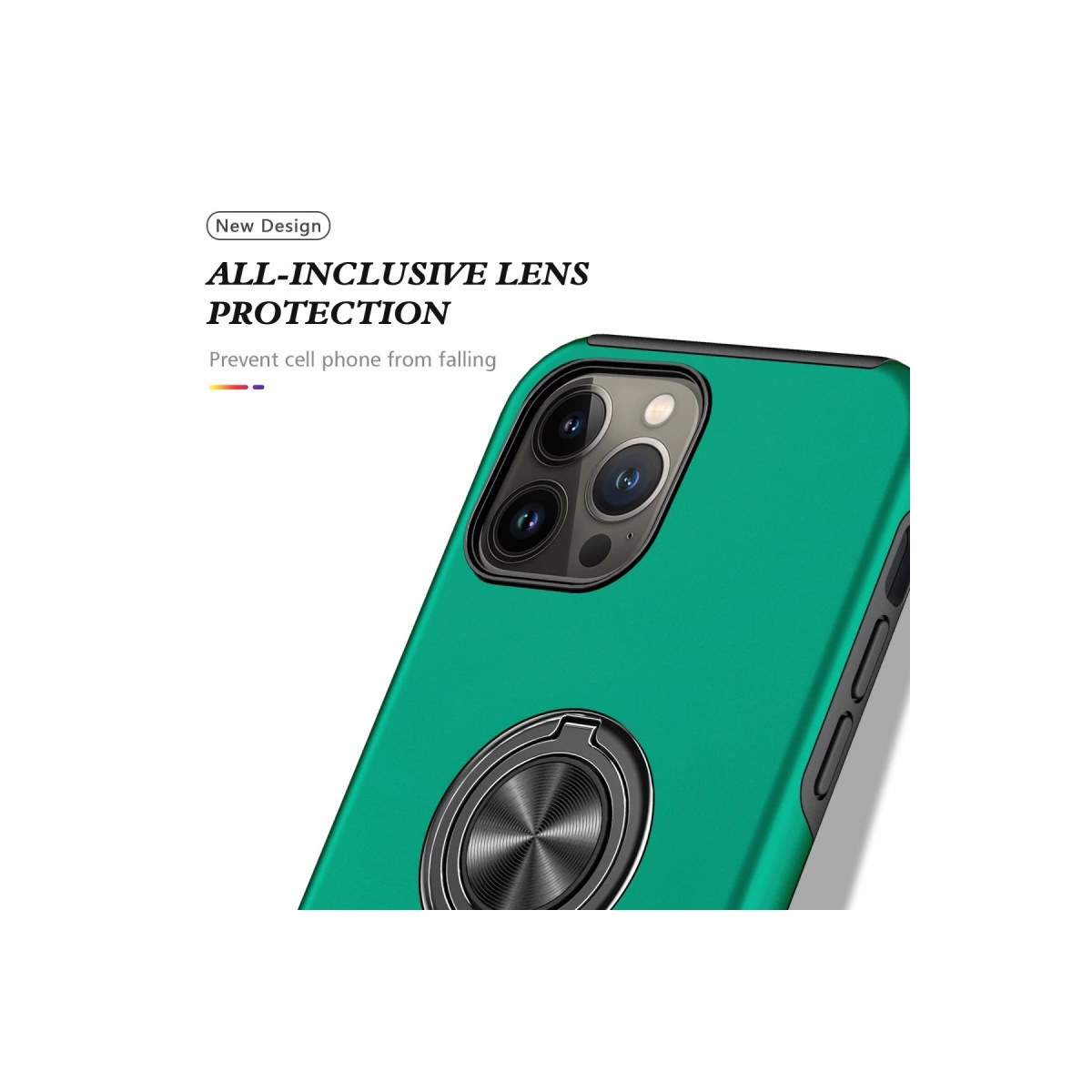 Beyaz arka plan üzerinde lens korumalı ve metal halka stantlı yeşil telefon kılıfı.