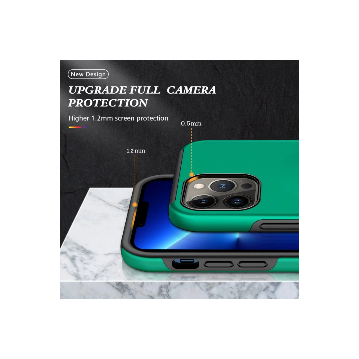 Telefonda gösterilen kamera korumalı yeşil telefon kılıfı.