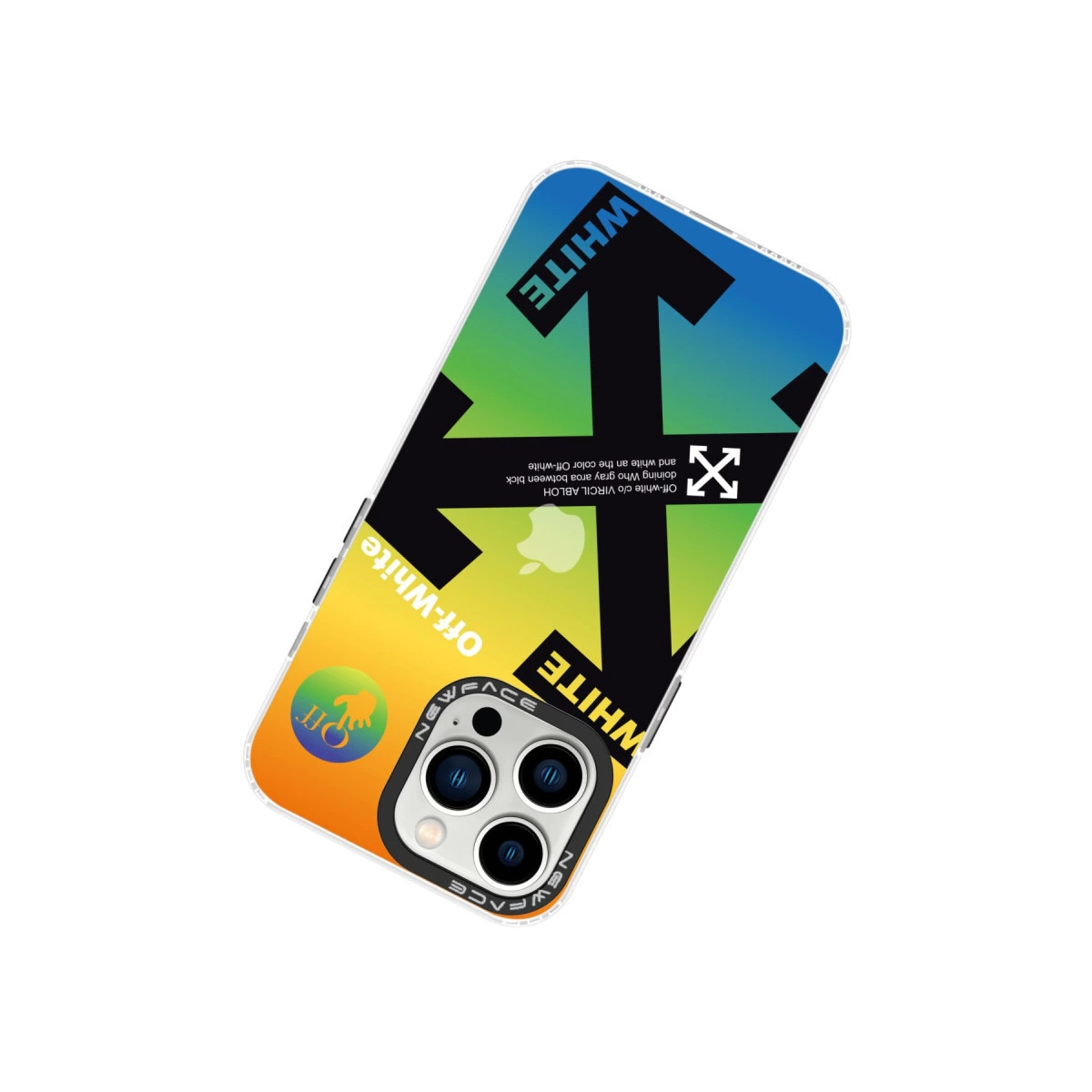 Gradyanlı ve siyah oklarla iPhone kılıfı. "Off-White" logosu.