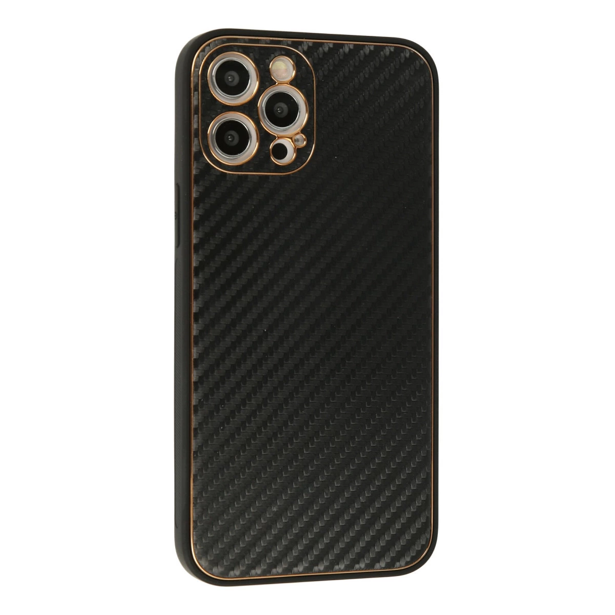 Altın kamera çerçeveli siyah karbon fiber telefon kılıfı.