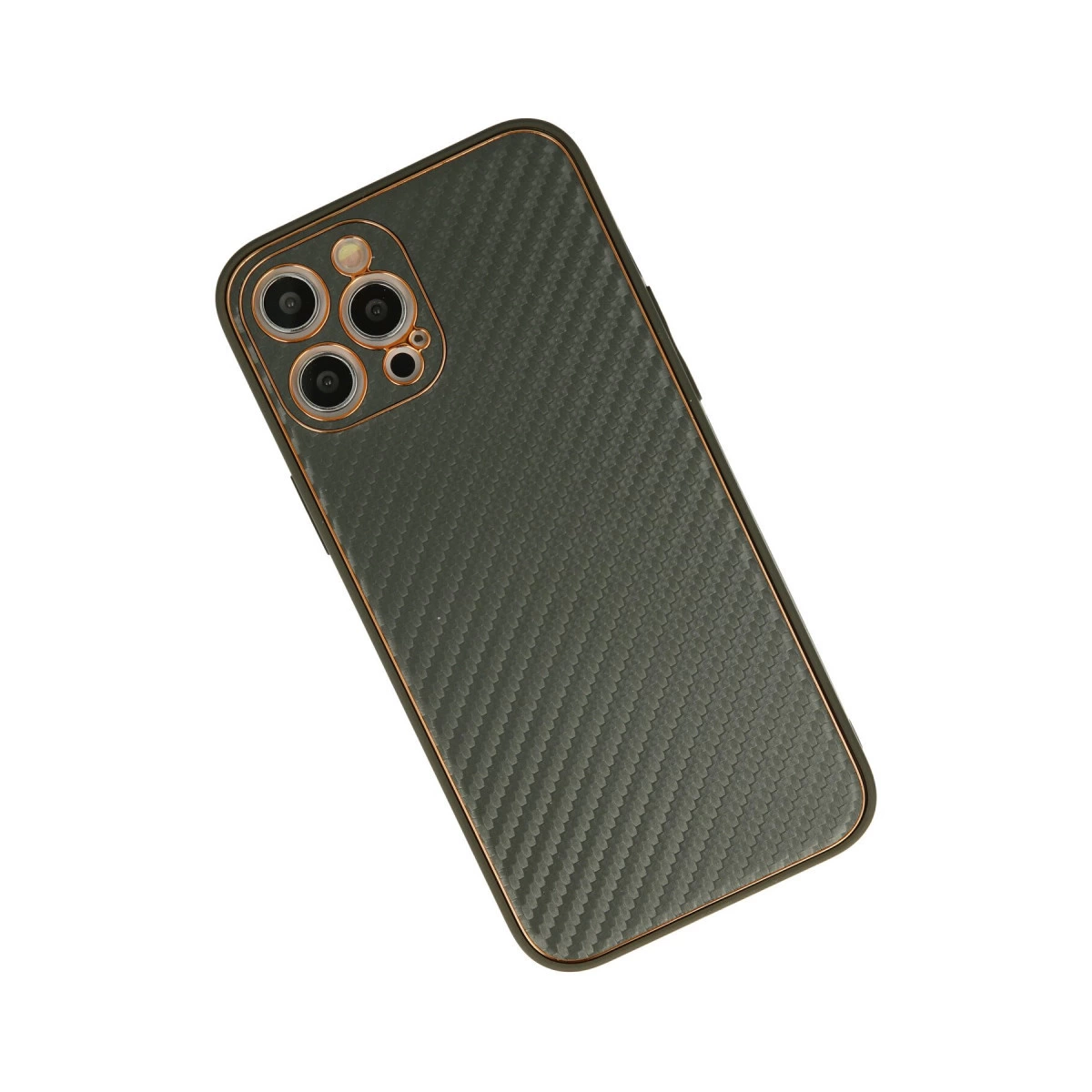 Karbon desenli ve kamera adacıklı koyu yeşil telefon kılıfı.