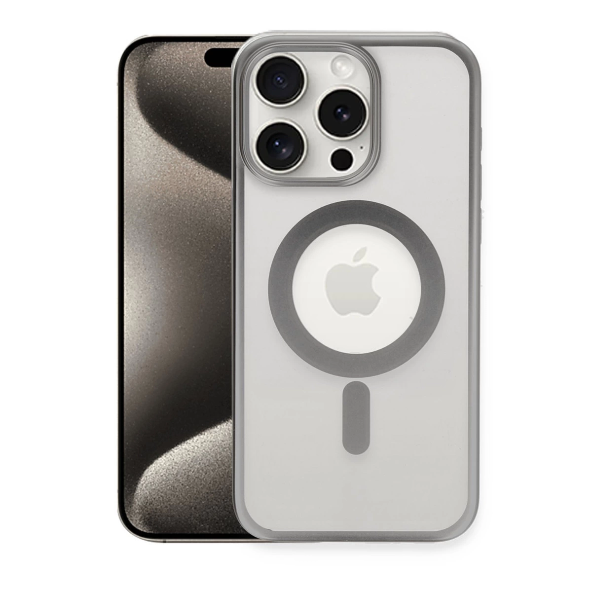 Üç kamerası olan şeffaf kılıflı bir iPhone. Apple logosu görünür.