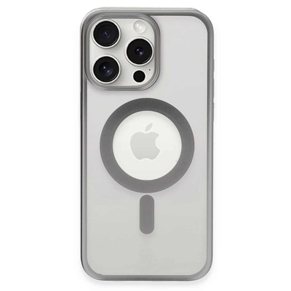 Apple logosu ve kamera modülü olan şeffaf telefon kılıfı.