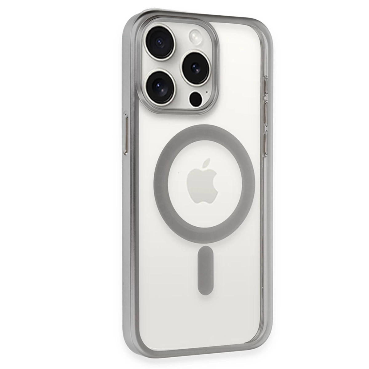 Gümüş kenarlı ve görünür MagSafe şarj alanına sahip şeffaf iPhone kılıfı.
