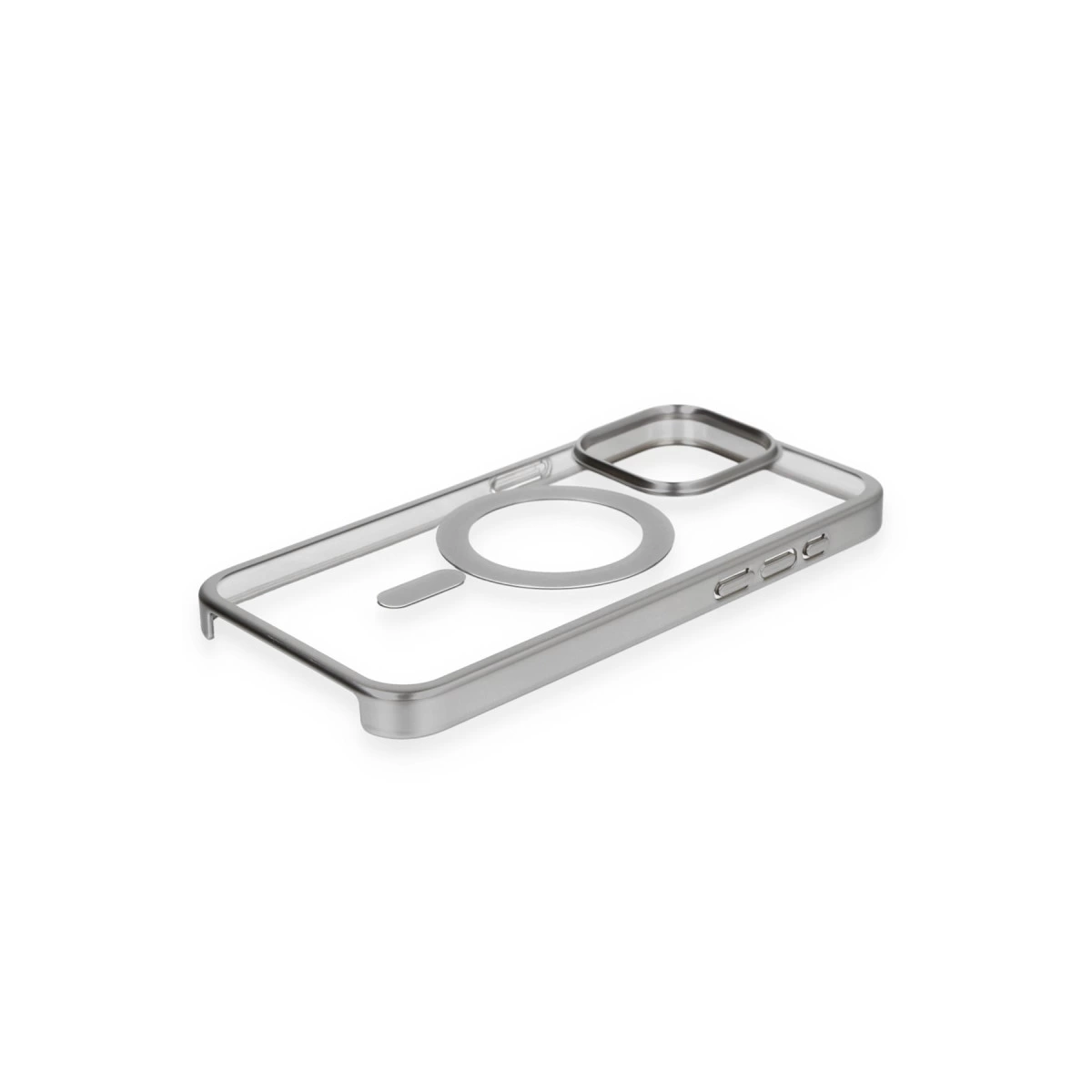 Gümüş çerçeveli ve MagSafe halkalı şeffaf telefon kılıfı.