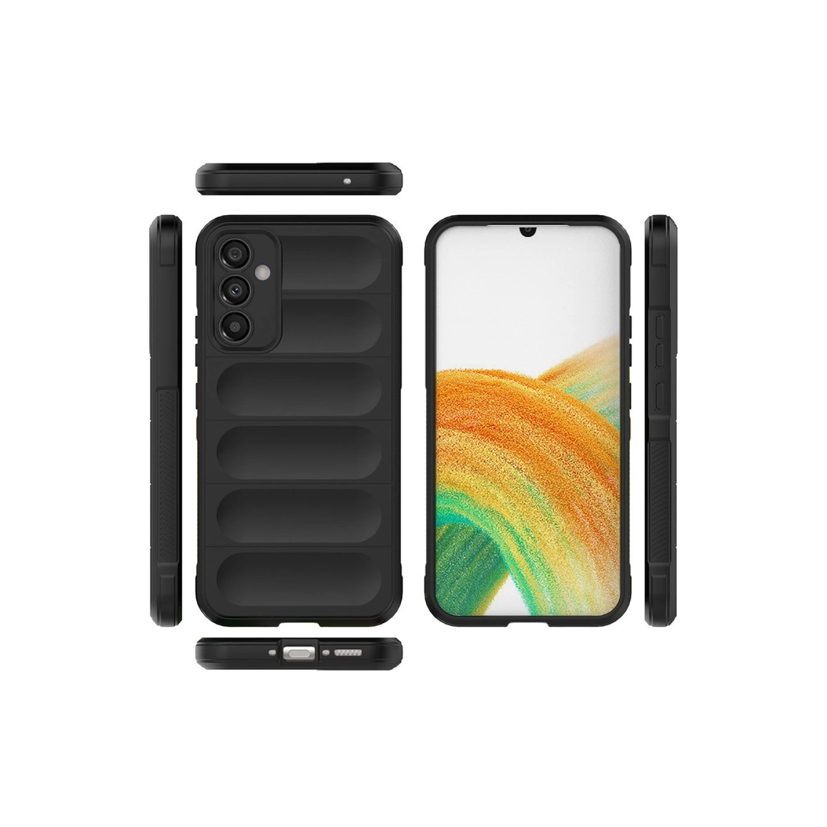 Kamera çıkıntılı ve nervürlü dokulu siyah telefon kılıfı, çoklu açılar.