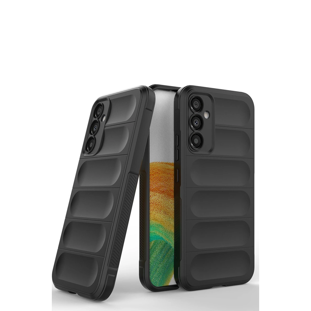 Kanallı tasarıma sahip iki siyah telefon kılıfı, biri dik, diğeri yanında yatıyor.