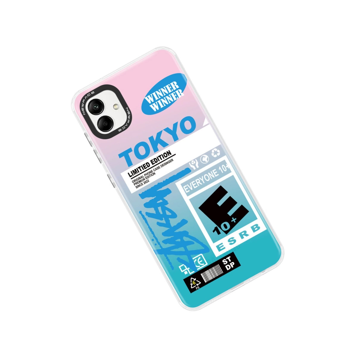Üzerinde "TOKYO" yazısı, "WINNER WINNER" etiketleri ve ESRB derecelendirmesi olan bir telefon kılıfı.