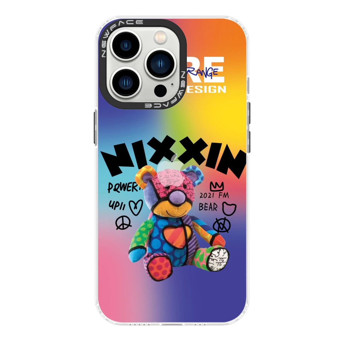 Degrade telefon kılıfında metinli renkli ayıcık.