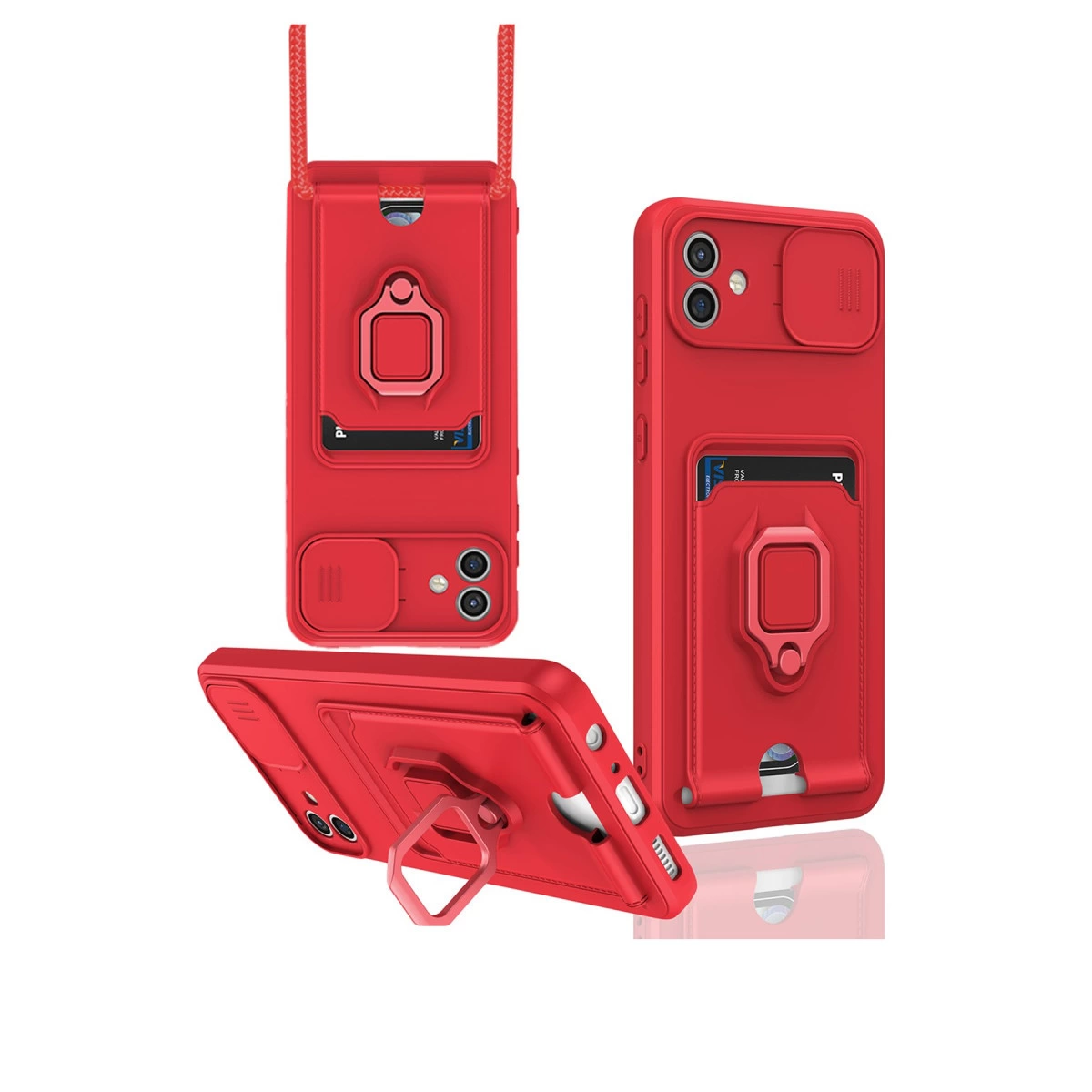 Kart yuvalı, halka tutuculu ve kordonlu kırmızı telefon kılıfları.