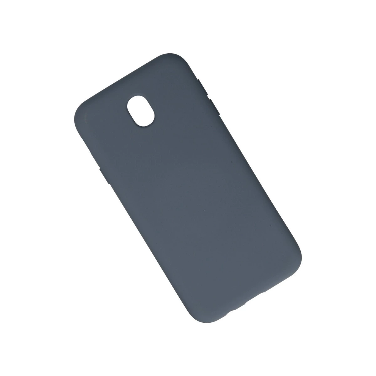 Kamera delikli, koyu gri telefon kılıfı, beyaz arka plan üzerinde.