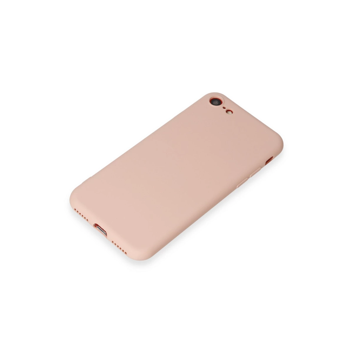 Açık pembe telefon kılıfı beyaz zeminde duruyor.